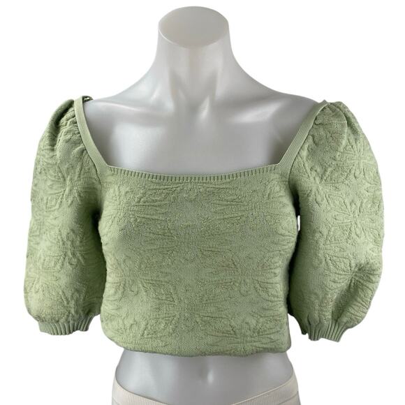 Zara Tops - ZARA Light Green Jacquard Knit Short Puff Sleeve Square Neck Crop Blouse Top S